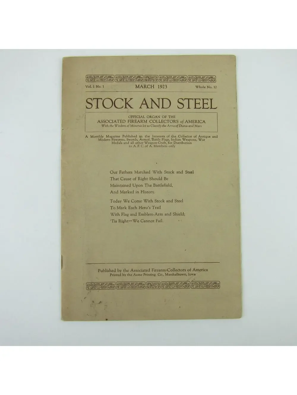 Associated Firearms Collectors of America Stock & Steel Magazine Antique 1923
